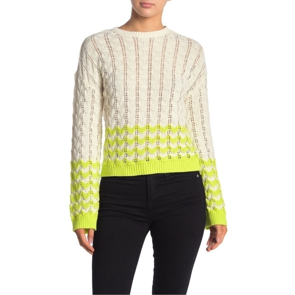 Abound Crewneck Sweater Ivory‎ and Lime Green Neon Knit Top Medium